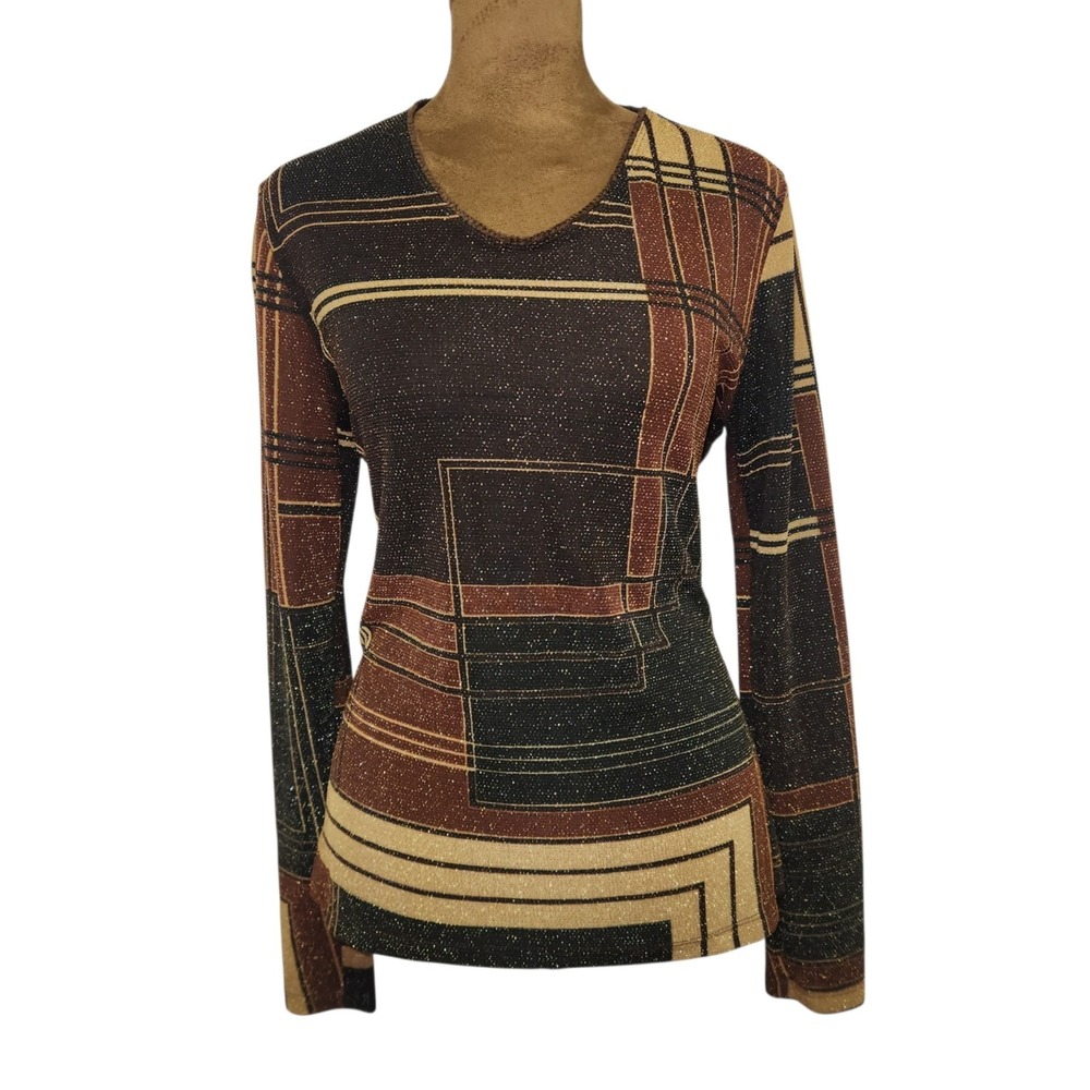 Crossing Pointe Women's Size S Top Metallic Brown Geo Stretch Fall 90s Y2K